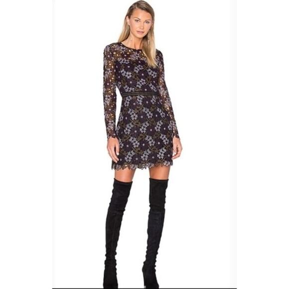 CYNTHIA ROWLEY Linden Purple Black Lace Floral Bell Sleeves Mini Dress Size 4 - Picture 1 of 13